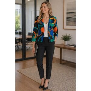 Multiples Womens Geometric Circle Print Blazer S Jacket 3/4 Sleeve Multi Color